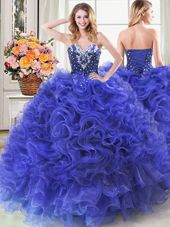 Deluxe Floor Length Lace Up Quinceanera Dress Royal Blue and In for Military Ball and Sweet 16 and Quinceanera with Beading and Ruffles