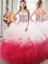 Ball Gowns 15th Birthday Dress Pink And White Sweetheart Organza Sleeveless Floor Length Lace Up