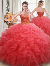 Stunning Coral Red Sweetheart Lace Up Beading and Ruffles Sweet 16 Dress Sleeveless