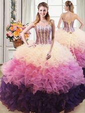 Custom Design Multi-color Lace Up Quinceanera Dress Beading and Ruffles Sleeveless Floor Length