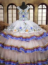 New Style White Ball Gowns Straps Sleeveless Organza and Taffeta Floor Length Lace Up Embroidery and Ruffled Layers Sweet 16 Quinceanera Dress