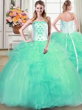 Fashion Turquoise Lace Up Strapless Beading and Appliques and Ruffles Quince Ball Gowns Tulle Sleeveless