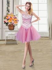 Lilac Organza Lace Up Sweetheart Sleeveless Mini Length Club Wear Beading