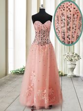 Beauteous Sweetheart Sleeveless Hoco Dress Ankle Length Beading Peach Tulle