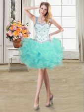 Aqua Blue Lace Up Straps Beading and Ruffles Cocktail Dresses Organza Sleeveless