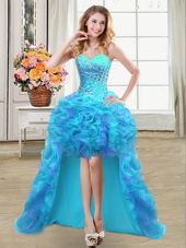 Aqua Blue Sweetheart Lace Up Beading and Ruffles Evening Gowns Sleeveless