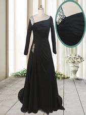 Beading Evening Dress Black Side Zipper Long Sleeves With Train Sweep Train