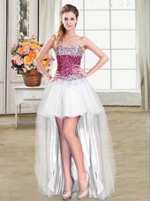 High Low Lace Up Pageant Dress for Womens White and In for Prom and Party with Beading