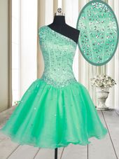 Exceptional One Shoulder Turquoise A-line Beading Dress for Prom Lace Up Organza Sleeveless Mini Length