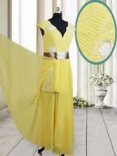 Designer Floor Length Empire Cap Sleeves Yellow Evening Dress Zipper