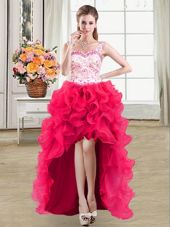 Straps Straps Hot Pink Sleeveless Beading and Lace and Ruffles High Low Cocktail Dresses