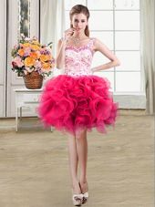 Hot Pink Straps Neckline Beading and Lace and Ruffles Cocktail Dress Sleeveless Lace Up