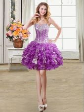 Unique Sequins Eggplant Purple Sleeveless Organza Lace Up Club Wear for Prom and Party