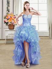 On Sale Sequins High Low Blue Teens Party Dress Sweetheart Sleeveless Lace Up