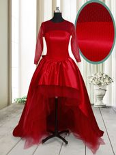 Scoop Long Sleeves Clasp Handle Cocktail Dress Wine Red Taffeta and Tulle