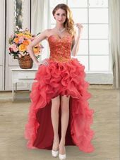 Enchanting Coral Red Organza Lace Up Sweetheart Sleeveless High Low Casual Dresses Beading and Ruffles