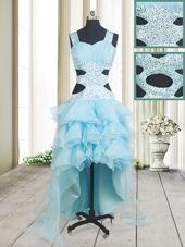 Enchanting Aqua Blue A-line Organza Straps Sleeveless Beading and Ruffled Layers High Low Criss Cross Dress for Prom