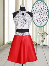 New Arrival Halter Top Sleeveless Mini Length Beading Criss Cross Dress for Prom with White And Red