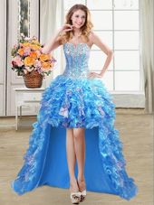 Baby Blue A-line Beading and Ruffles and Sequins Cocktail Dresses Lace Up Organza Sleeveless High Low