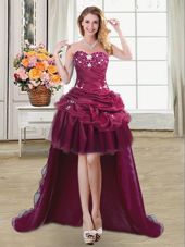 Burgundy Organza Lace Up Cocktail Dresses Sleeveless High Low Beading and Appliques and Pick Ups