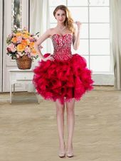 Sleeveless Mini Length Beading and Ruffles Lace Up High School Pageant Dress with Red