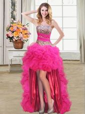 Luxury Sequins Ruffled High Low Ball Gowns Sleeveless Hot Pink Cocktail Dress Lace Up