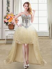 Gorgeous Sweetheart Sleeveless Cocktail Dresses High Low Beading and Lace and Sequins Champagne Tulle and Lace