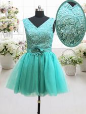 Turquoise Sleeveless Mini Length Beading and Lace and Belt and Hand Made Flower Lace Up Prom Dress