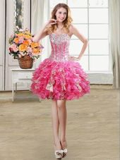 Elegant Hot Pink Sweetheart Neckline Beading and Ruffles and Sequins High School Pageant Dress Sleeveless Lace Up