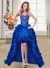 Royal Blue Ball Gowns Beading and Embroidery and Pick Ups Pageant Dress for Girls Lace Up Taffeta Sleeveless High Low