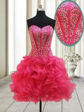 Extravagant Hot Pink Organza Lace Up Cocktail Dresses Sleeveless Mini Length Beading