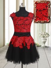 Square Sleeveless Tulle Mini Length Zipper Party Dresses in Red And Black for with Appliques