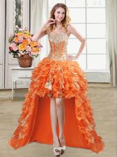 Sexy Sequins Orange Sleeveless Organza Lace Up Party Dress Wholesale for Prom and Party