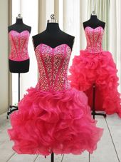 Nice Hot Pink Three Pieces Beading Pageant Dress Wholesale Lace Up Organza Sleeveless High Low