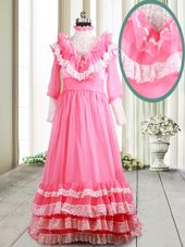 Superior Long Sleeves Beading and Lace and Ruffled Layers Zipper Prom Dresses with Pink Brush Train