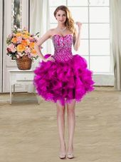 Charming Fuchsia Ball Gowns Sweetheart Sleeveless Organza Mini Length Lace Up Beading and Ruffles Cocktail Dresses