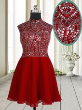 Amazing Red Empire Chiffon Scoop Sleeveless Beading and Sequins Mini Length Zipper Club Wear