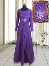 Gorgeous Square Long Sleeves Chiffon Floor Length Zipper Prom Evening Gown in Purple for with Beading