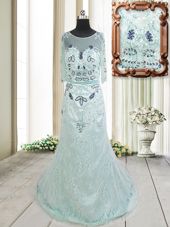 Apple Green Scoop Zipper Beading and Lace Homecoming Dress Online Brush Train Half Sleeves