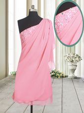 Rose Pink Side Zipper One Shoulder Beading Prom Gown Chiffon Sleeveless