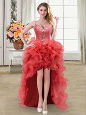 Straps Straps High Low Lace Up Pageant Dress Toddler Coral Red and In for Prom and Party with Beading and Ruffles