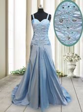 Trendy Light Blue Elastic Woven Satin Criss Cross Straps Sleeveless With Train Prom Dresses Sweep Train Beading