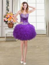 Eggplant Purple Tulle Lace Up Cocktail Dresses Sleeveless Mini Length Beading and Ruffles