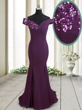 Mermaid Off the Shoulder Dark Purple Chiffon Zipper Prom Dresses Sleeveless Brush Train Beading and Sequins