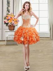 Orange Lace Up Sweetheart Beading and Ruffles and Sequins Juniors Party Dress Organza Sleeveless