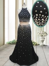 Fantastic Chiffon Halter Top Sleeveless Backless Beading Homecoming Dress in Black