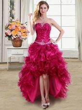 Shining Organza Strapless Sleeveless Lace Up Beading and Ruffles Cocktail Dresses in Fuchsia