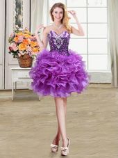 Gorgeous Eggplant Purple Ball Gowns Organza Sweetheart Sleeveless Beading and Ruffles Mini Length Lace Up Party Dresses