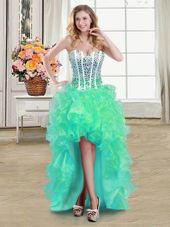 Turquoise Ball Gowns Sweetheart Sleeveless Organza High Low Lace Up Beading and Ruffles Pageant Dress for Teens