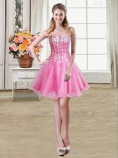 Rose Pink Lace Up Womens Party Dresses Sequins Sleeveless Mini Length